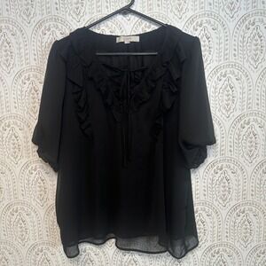 LOFT Black Ruffle Lace Up V-Neck Chiffon Blouse XL Short Sleeve Flutter Top